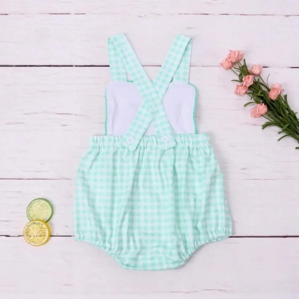 Boutique Baby Boys Embroidered Peaches Blue Plaid Romper Jumpsuit
